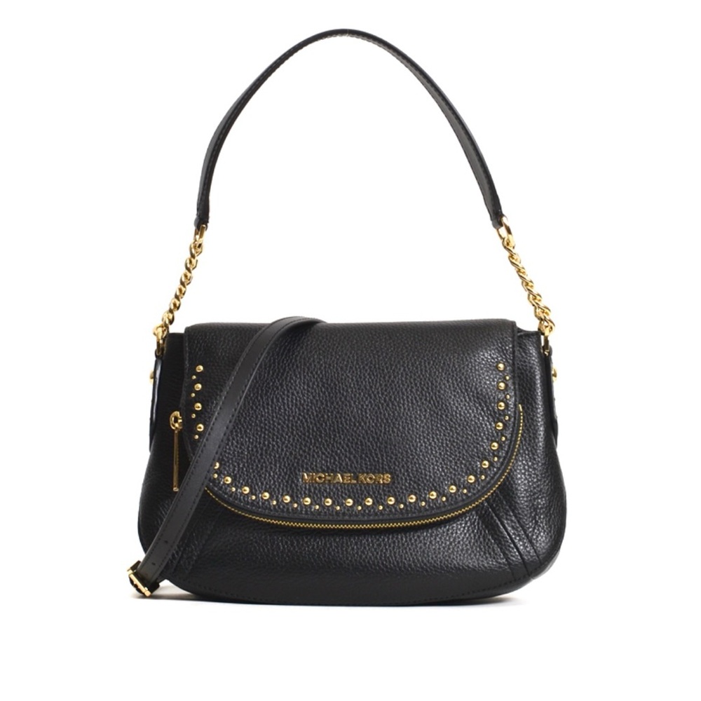 Michael Kors Aria Studded Medium Convertible Black Leather Purse, Gold Accent